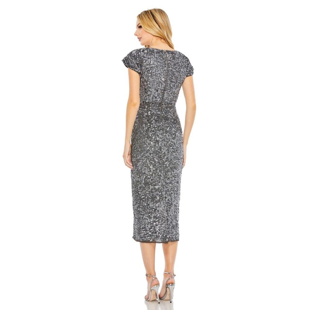 Mac Duggal Platinum Silver Sequin Cap Sleeve V-Neck Midi Dress 10766 NWT Size 8 - Picture 7 of 10